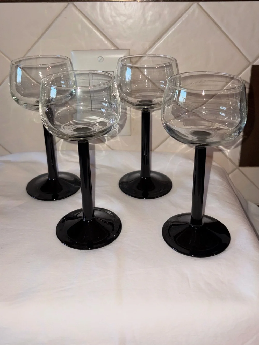Luminarc France Black Stem Champagne Coupes Domino Pattern Set of 4 Vintage MCM